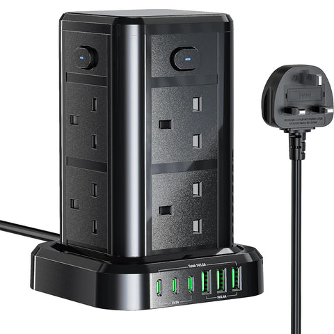 8-Way Tower Extension Lead with USB-C & 6 USB Ports, 3250W Power Strip with 4 Switches, 1.8M Cable – Home & Office