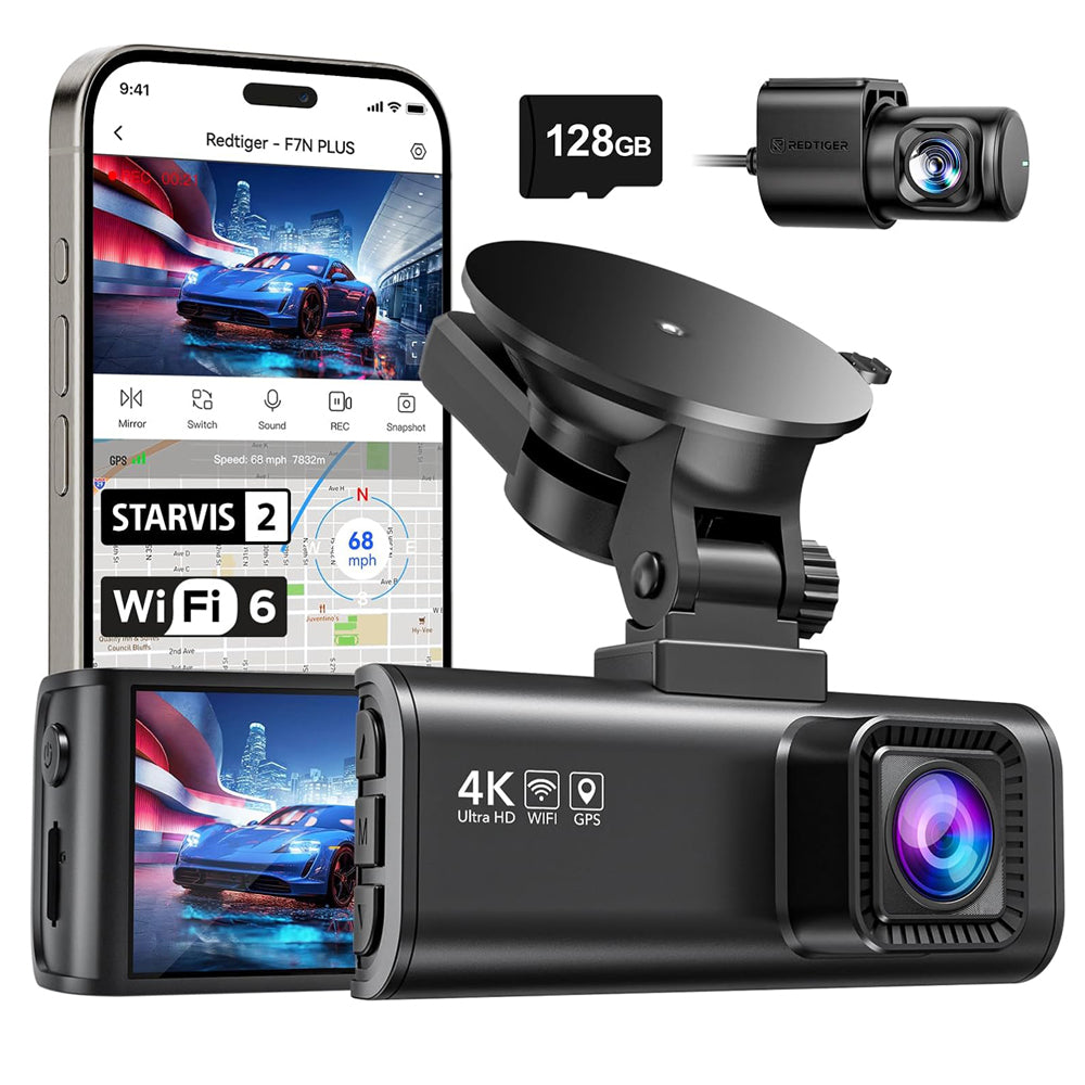 REDTIGER F7NP 4K Dual Dash Cam Front and Rear with STARVIS 2 Sensor, Wi-Fi 6 5.8 GHz App Control, Built-in GPS, 24-Hour Parking Mode, 170° Wide Angle, Free 128GB Card Included