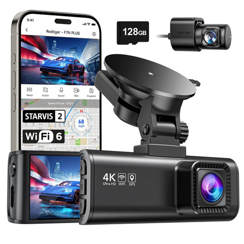 REDTIGER F7NP 4K Dual Dash Cam Front and Rear with STARVIS 2 Sensor, Wi-Fi 6 5.8 GHz App Control, Built-in GPS, 24-Hour Parking Mode, 170° Wide Angle, Free 128GB Card Included