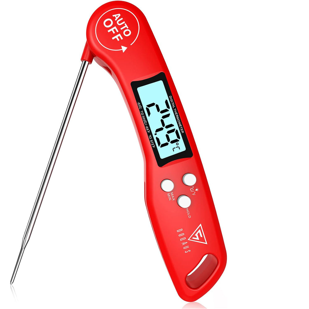 Digital Instant Read Meat Thermometer Red – Ultra Fast, Backlit, Foldable Probe