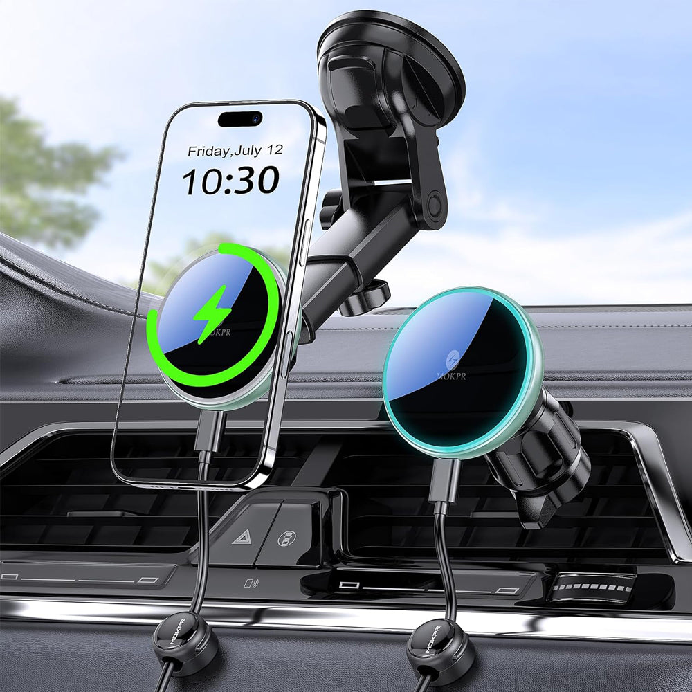 MOKPR Green MagSafe Car Mount Charger 15W Wireless Holder