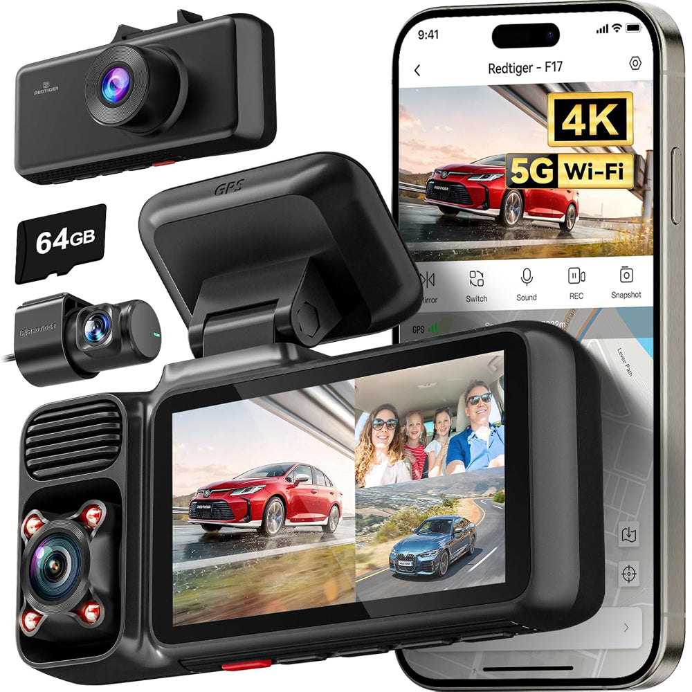 REDTIGER F17 4K 3-Channel Dash Cam with GPS & 64GB Card – Black