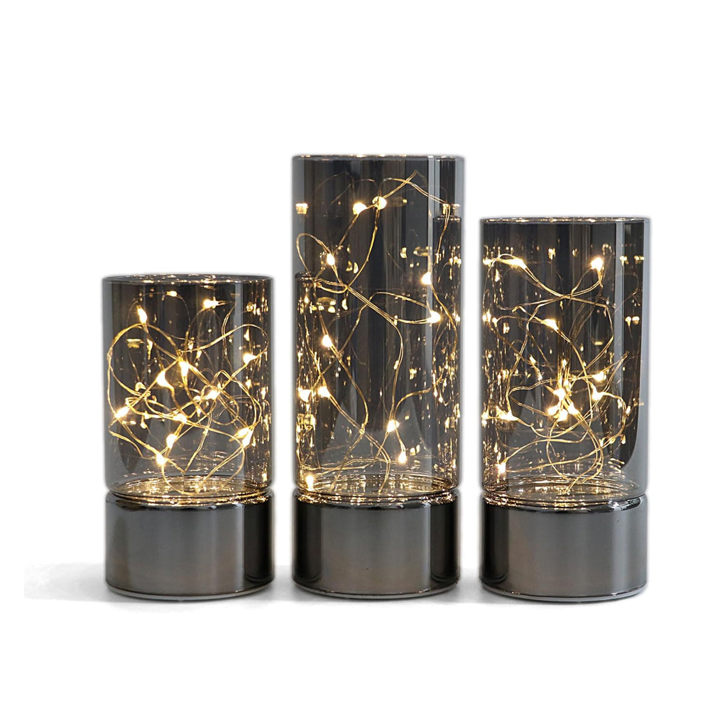 Set of 3 Glass Cylinder LED Lanterns with Fairy Lights, Battery Operated Table Lamps with 6-Hour Timer, Grey Decorative Candles
