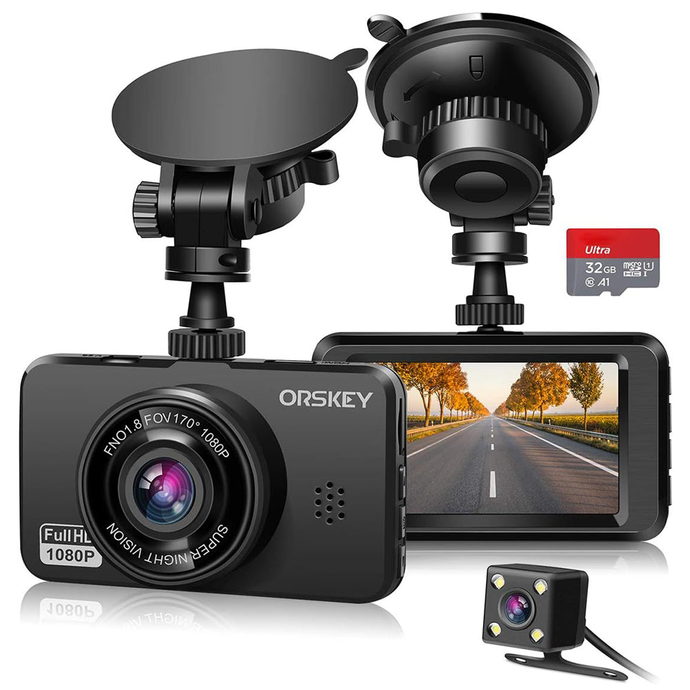 ORSKEY Dual Dash Cam Front and Rear 1080P Full HD Car Camera with Sony Sensor, 170° Wide Angle, Loop Recording, G-Sensor, Parking Monitor & 32GB SD Card Included