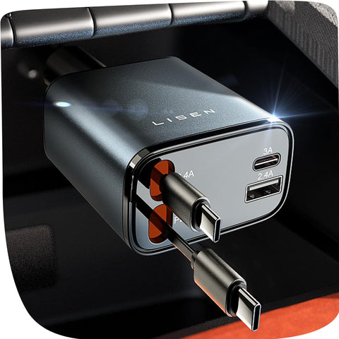 LISEN 69W Retractable Car Charger USB-C Fast Charging Adapter – Black