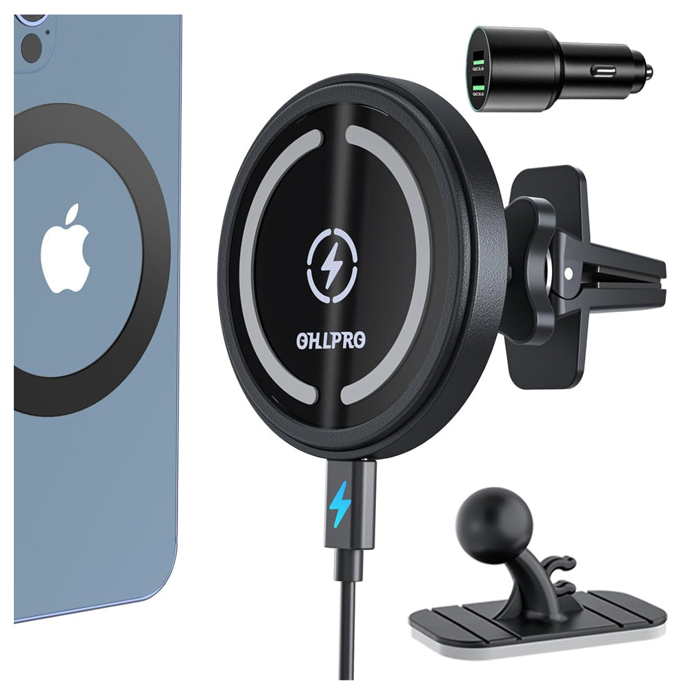 OHLPRO MagSafe Car Mount Charger 15W Fast Wireless Charging, QC3.0 Adapter Included | Magnetic Dashboard & Air Vent Phone Holder for iPhone 16, 15, 14, 13, 12 Series