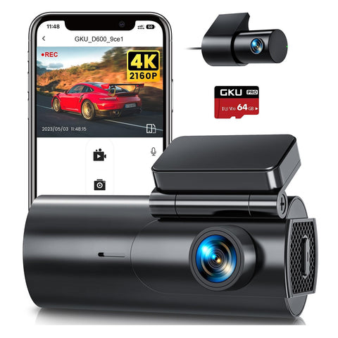 GKU 4K Dual Dash Cam Front and Rear with 5GHz WiFi, 64GB SD Card, 170° Wide Angle, Night Vision, G-Sensor, Parking Monitor, Loop Recording, APP Control, Max 256GB