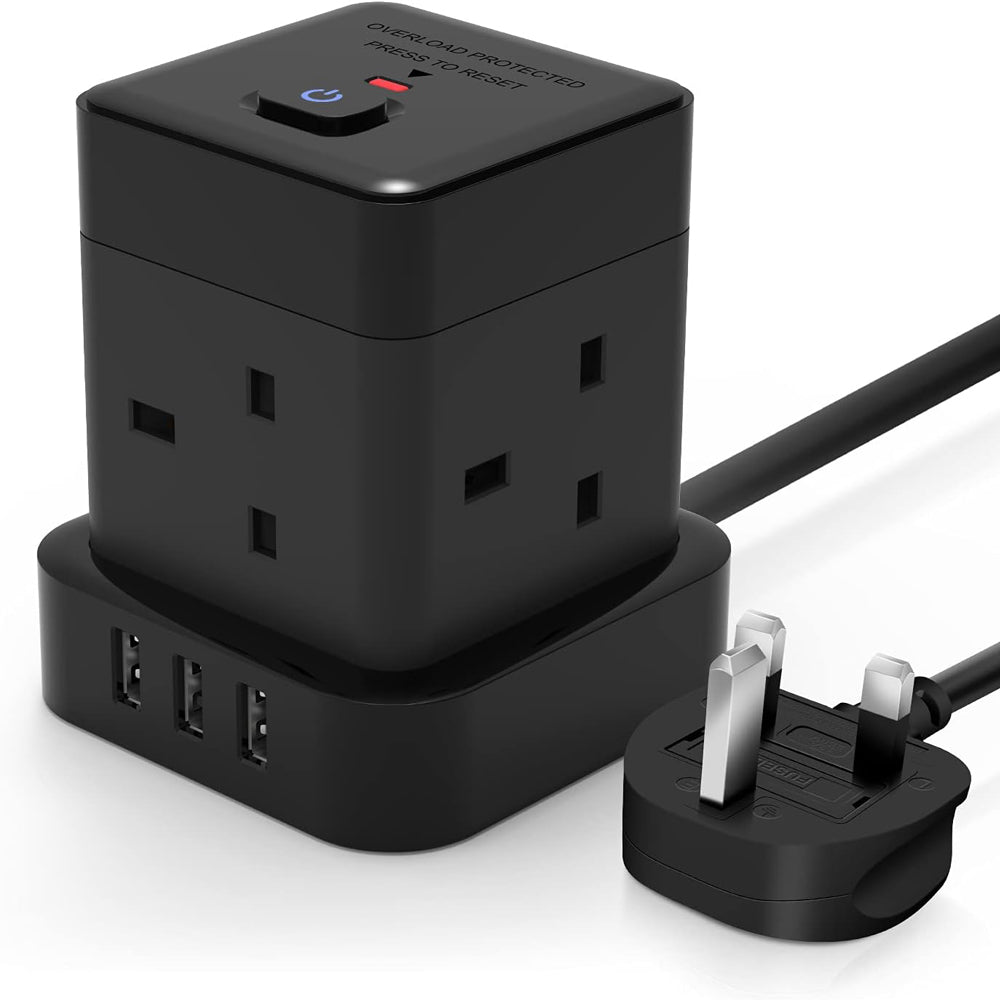 Cube Extension Lead 5M Black Baykul 4 Way Extension Plug Cable with 3 USB Ports (5V/2.4A) Power Strip Multi Plug Extension Cord for Home Office Travel Dorm Room
