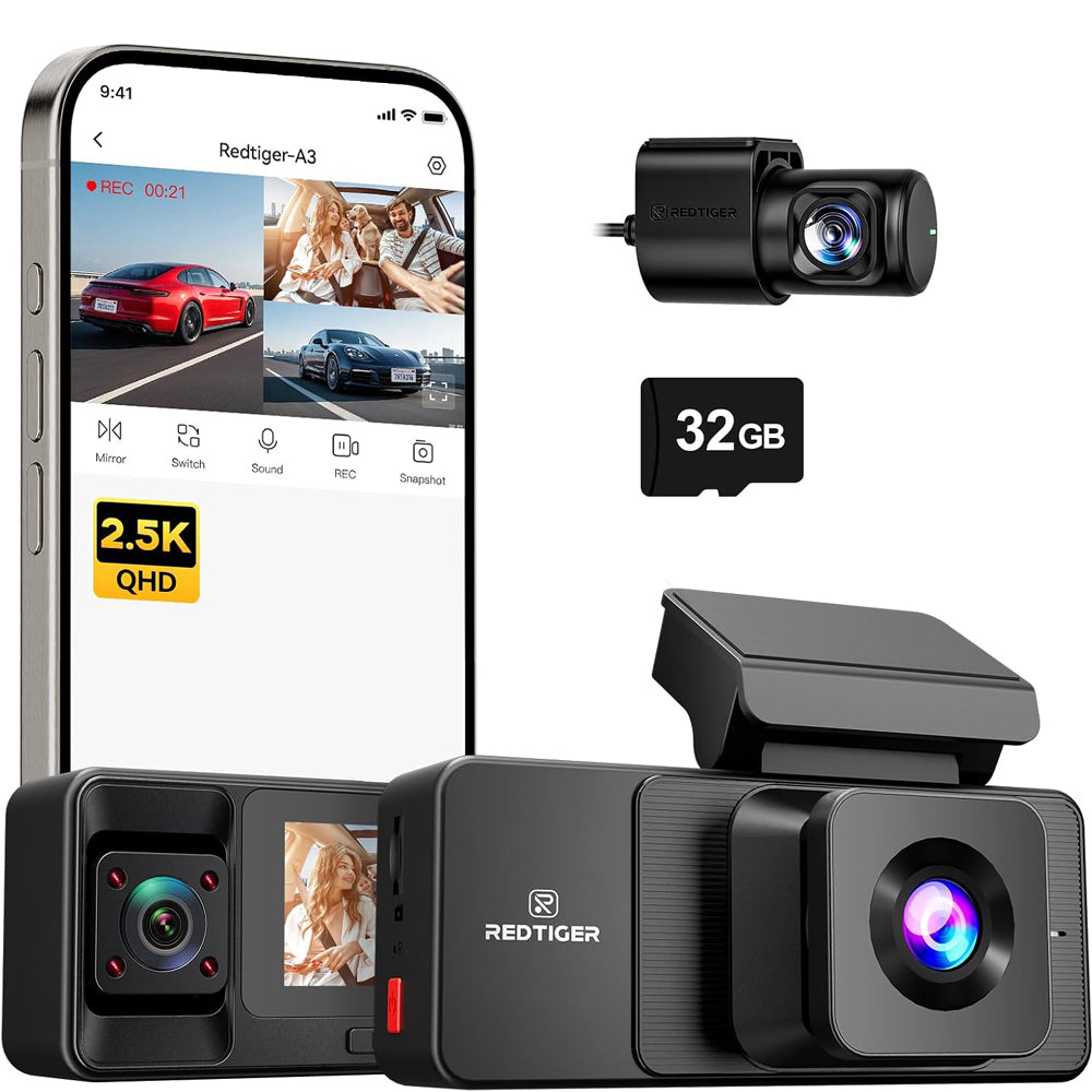 REDTIGER A3 3-Channel 2.5K Dash Cam with WiFi and Night Vision