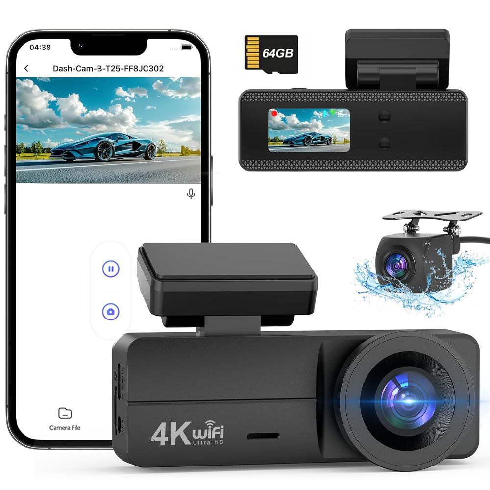 4K+1080P Front & Rear Dash Cam with WiFi and 64GB Card