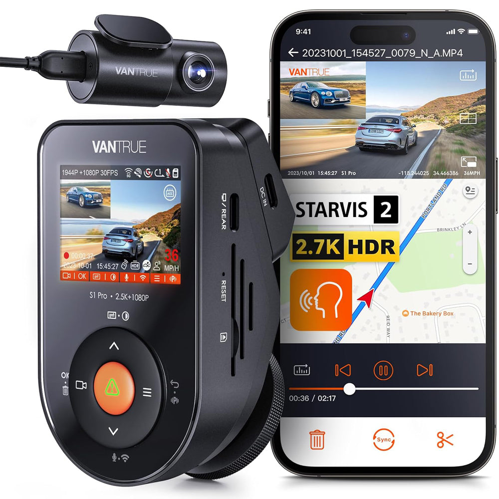 VANTRUE S1 Pro Dash Cam Front Rear 2.7K+1080P HDR STARVIS 2 Night Vision