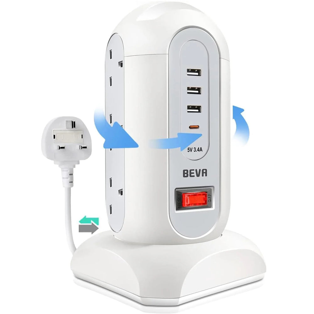Tower Extension Lead with Surge Protection, 9 AC Outlets & 4 USB Ports, 1.65M Retractable Cable, Multi Plug Power Strip Tower