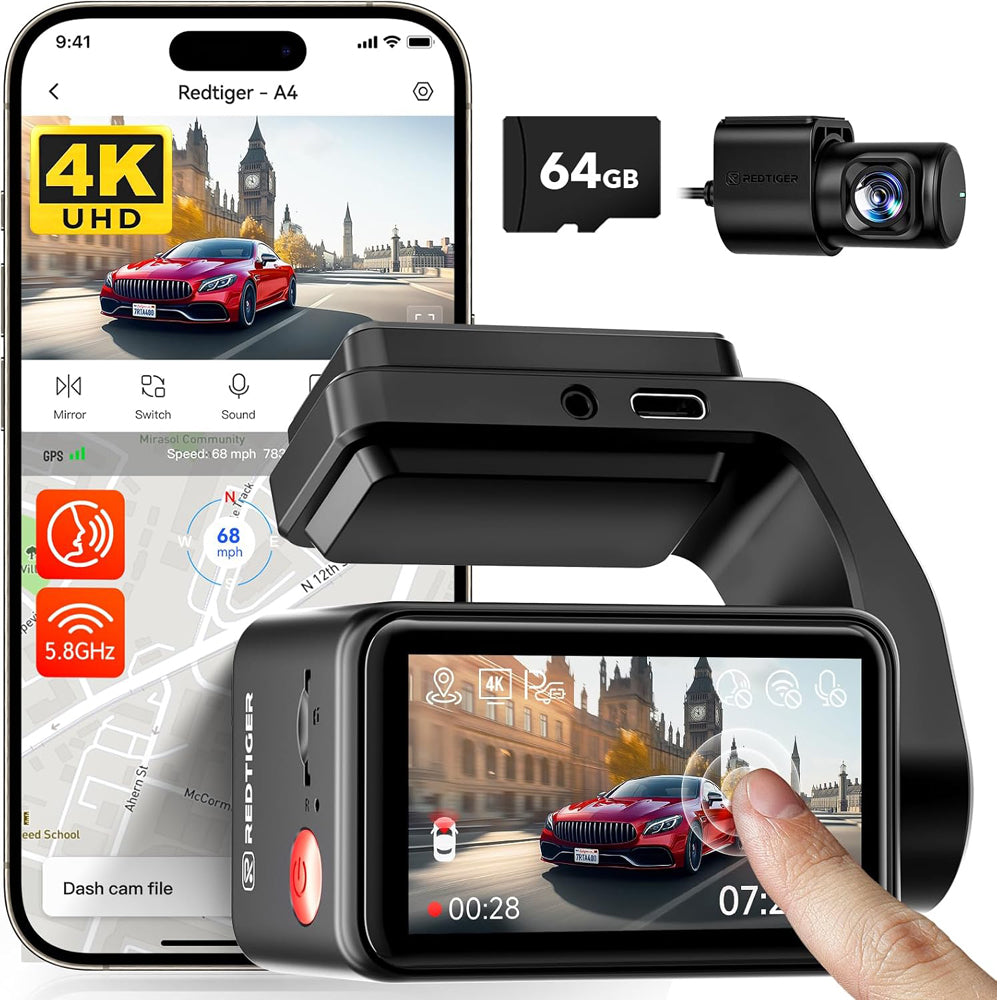 REDTIGER A4 4K+1080P Dash Cam Front and Rear with WiFi & GPS