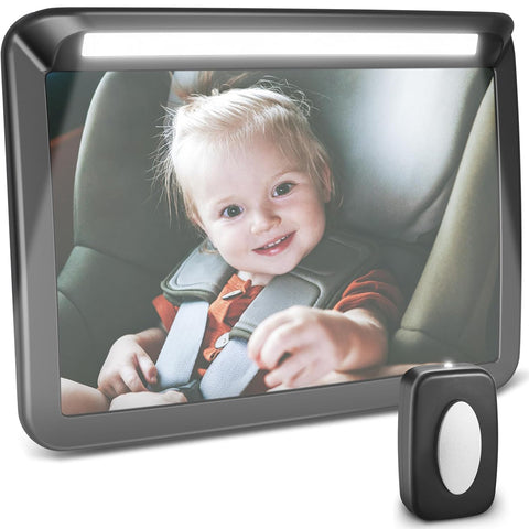 Zacro LED Baby Car Mirror Black – 3 Brightness, 360° Rotatable, Remote-Controlled