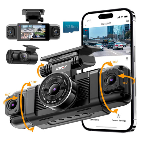 IIWEY N5 360° Dash Cam 4 Channel, Full HD 1080P Front Rear Inside Left Right Car Camera, 8 IR Lamps, 5G WiFi App Control, G-Sensor, 24H Parking Mode, with 128GB SD Card