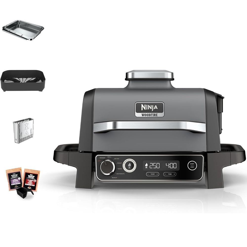 Woodfire Electric BBQ Grill & Smoker – 7-in-1 Outdoor Grill, Air Fryer, Roast, Bake, Dehydrate, Portable, Grey/Black