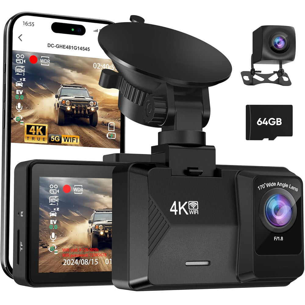 ORSKEY A12 4K Front & Rear Dash Cam with 5GHz WiFi, 64GB SD, Black