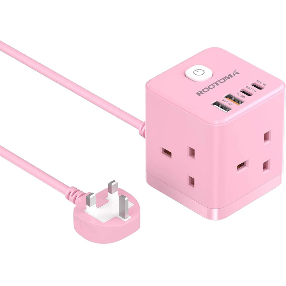 Pink Cube Extension Lead 3 Way Plug with USB C QC3.0 PD 20W, 2M