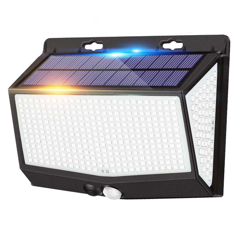 Solar-powered outdoor light with LED panel and motion sensor on a white background