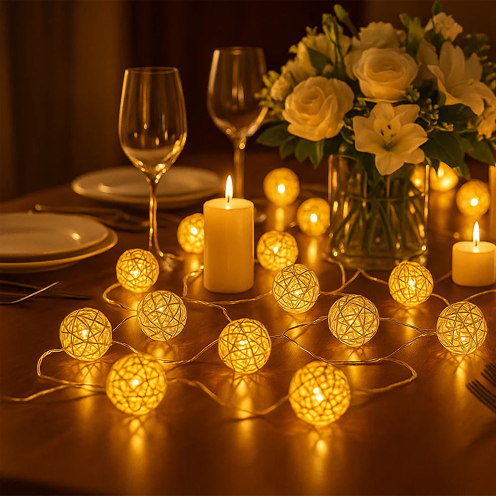 LED rattan ball string lights with 20 warm white fairy LEDs for home décor.