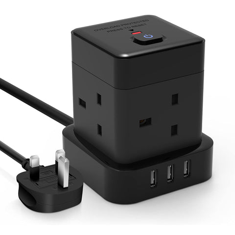 Cube Extension Lead with USB Baykul 4M Power Strip with 3 USB Slots (5V/2.4A) 4 Way Multi Plug with Switch Black Extension Cord Cable with Overload Potection for Home Office Travel Dorm