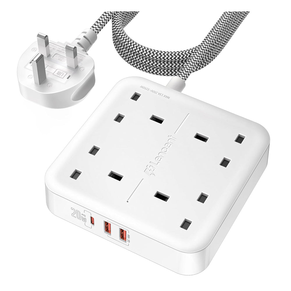 Extension Lead with 4 Way Outlets, 3250W 13A Power Strip, PD 20W USB-C and 2 USB-A QC 3.0, 1.8M Braided Extension Cord, Multi Power Plug Extension for Home and Office, White