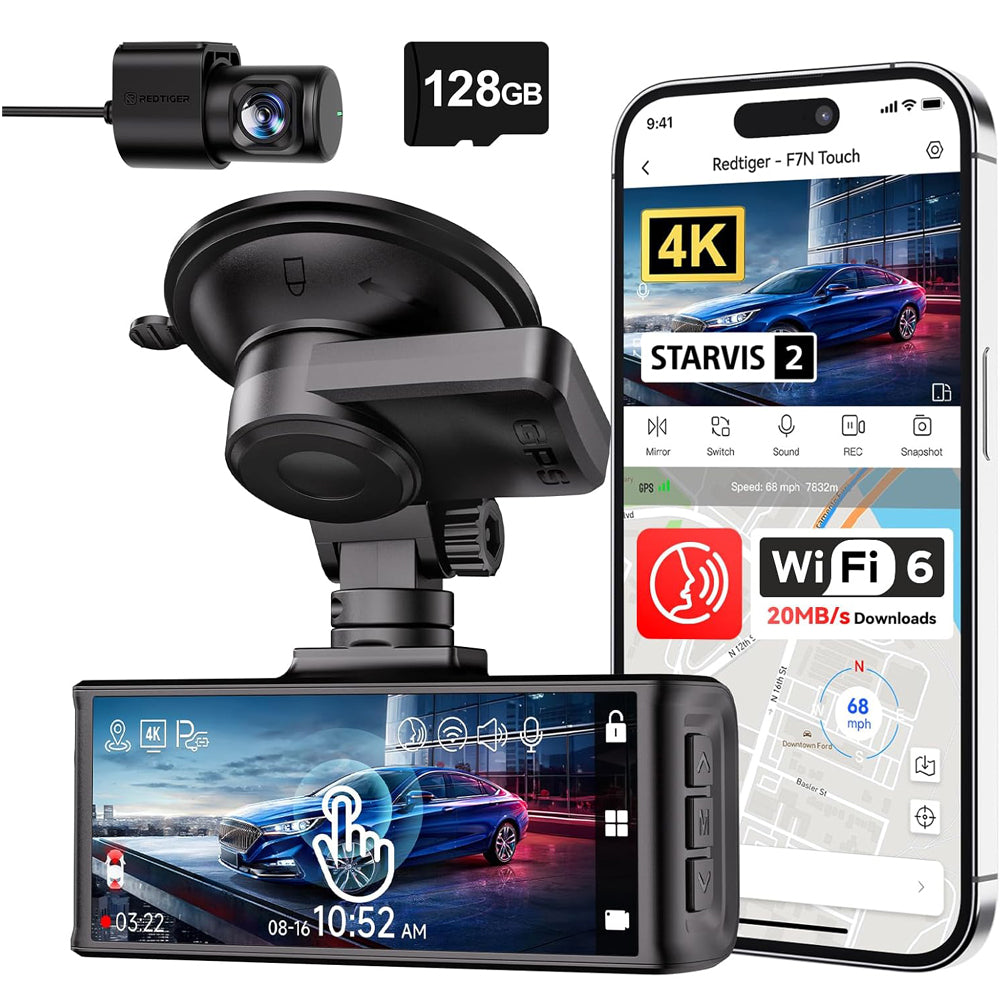 REDTIGER 4K Dash Cam Front & Rear Black, Touchscreen, Voice Control