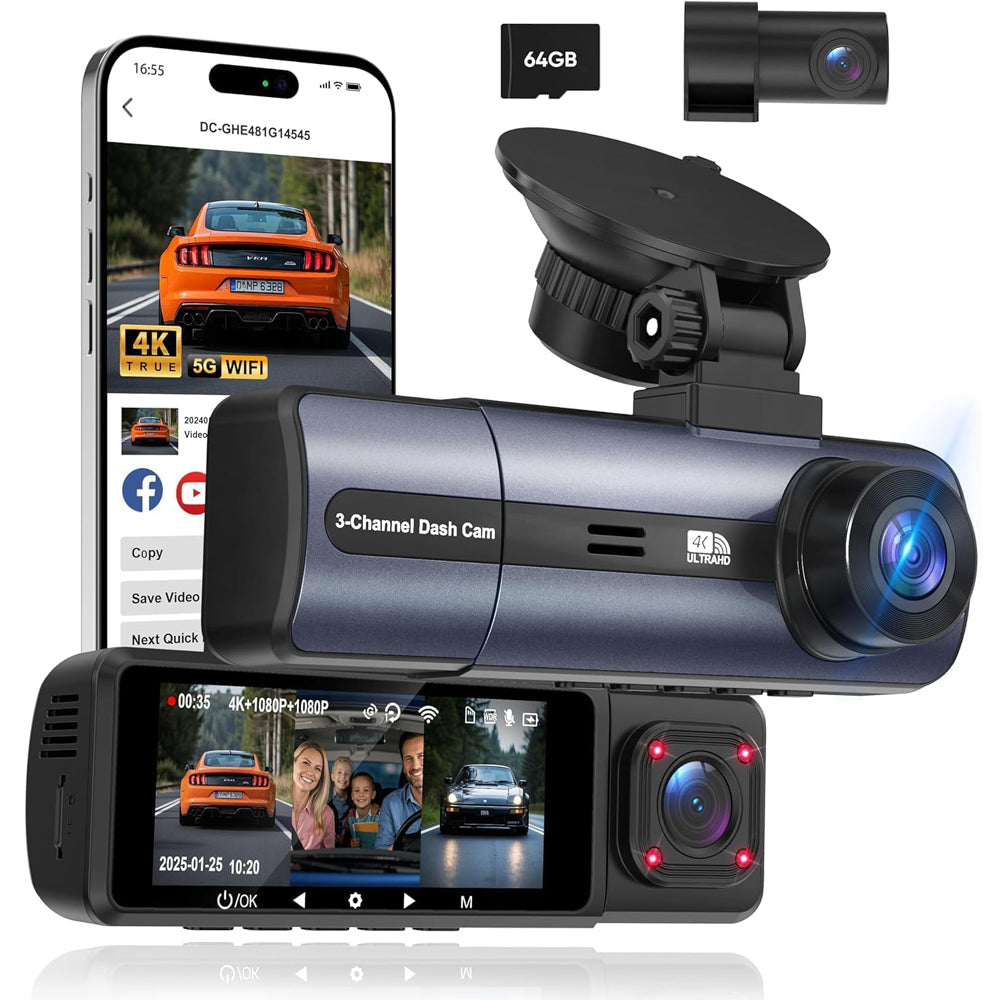 Orskey J10 3-Channel 4K Dash Cam with 5GHz WiFi & APP Control
