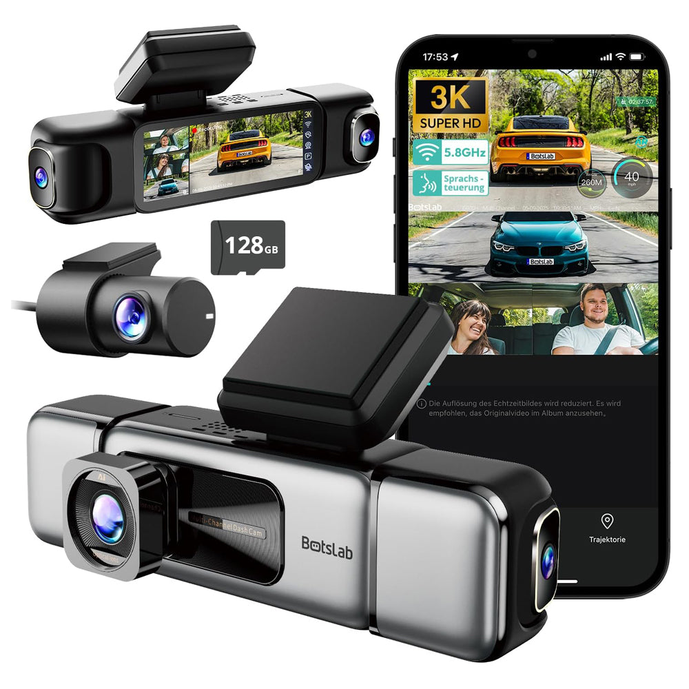 BOTSLAB 3K 4-Channel Dash Cam for Cars, 3K/4K Front + 1080P Side & Rear Cameras, 560° Coverage, Built-in 5.8GHz WiFi & GPS, Voice Control, 128GB SD Card Included
