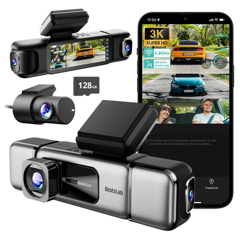 BOTSLAB 3K 4-Channel Dash Cam for Cars, 3K/4K Front + 1080P Side & Rear Cameras, 560° Coverage, Built-in 5.8GHz WiFi & GPS, Voice Control, 128GB SD Card Included
