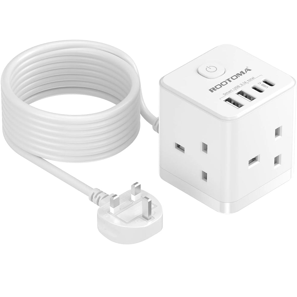 5M Extension Lead Cube with USB C & A, 3 Way Power Strip 3250W