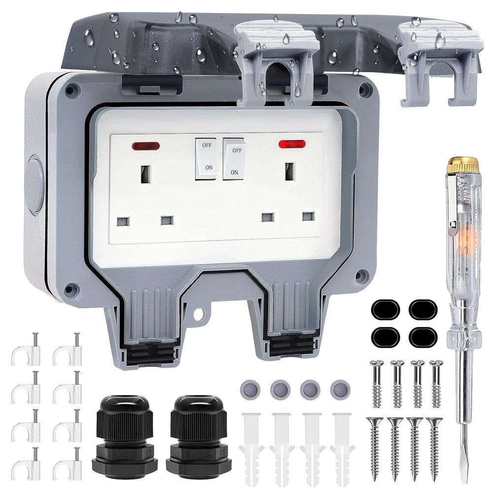 Double Outdoor Socket Waterproof Outside Plug Socket Weatherproof IP66 Wall Electrical Outlet 13Amp 2Gang Storm Switched Power Socket