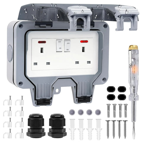 Double Outdoor Socket Waterproof Outside Plug Socket Weatherproof IP66 Wall Electrical Outlet 13Amp 2Gang Storm Switched Power Socket