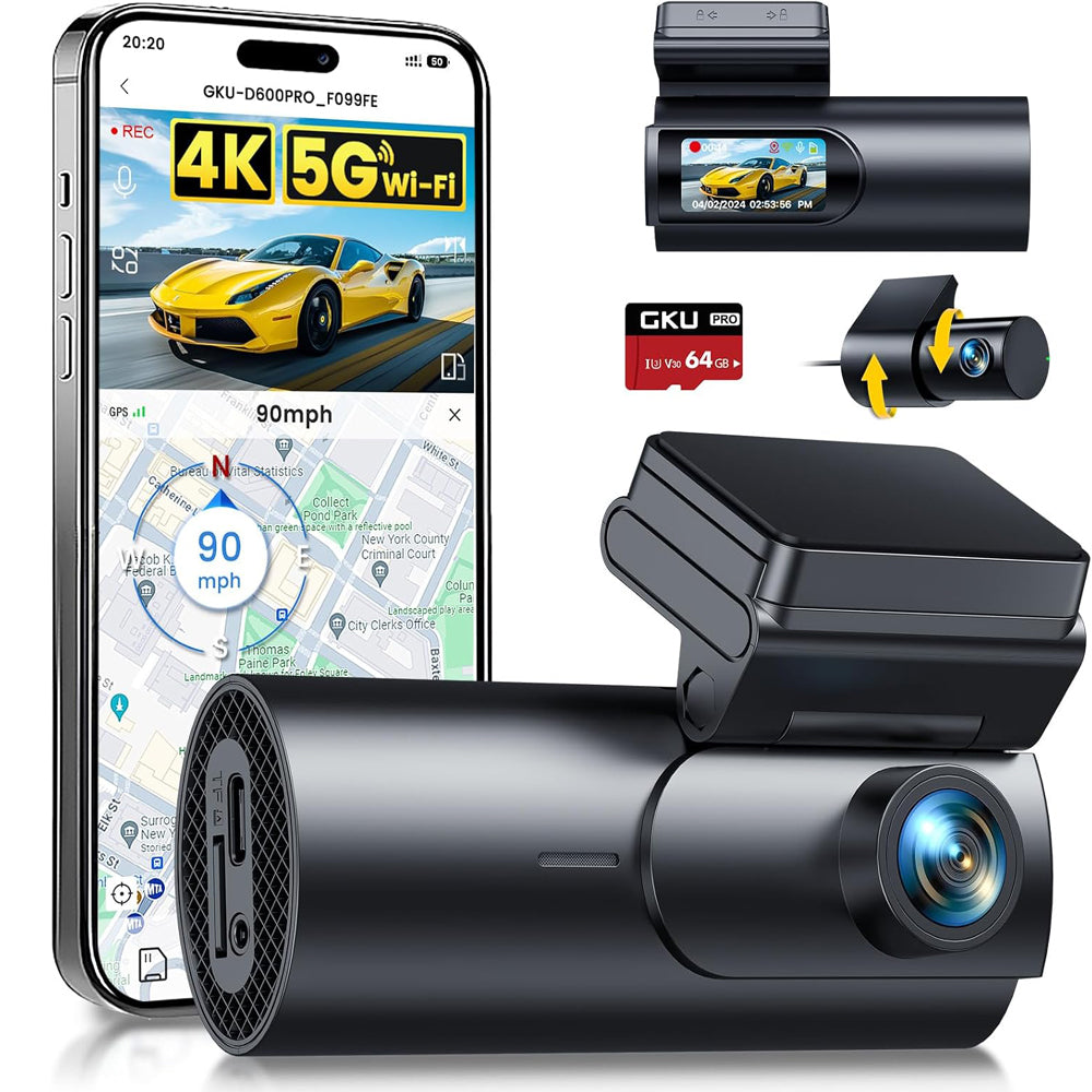 GKU D600Pro 4K+1080P Dual Dash Cam Front & Rear with GPS