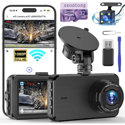 Dash Cam Front & Rear 1080P WiFi Car Camera with Night Vision & 32GB Card