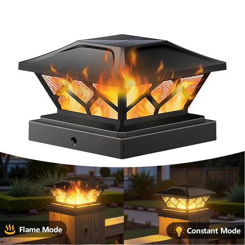 Solar Deck Post Cap Lights Black Flickering Flame LED Fence Lamps Outdoor