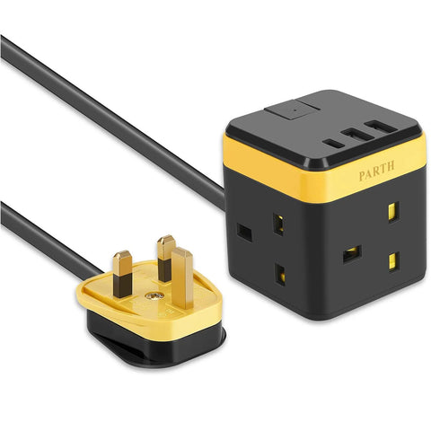 Cube Extension Lead 3 Way with 3 USB (PD 18W) – 2M Cable, 13A/3250W Multi Plug Socket with Switch & Child Safety