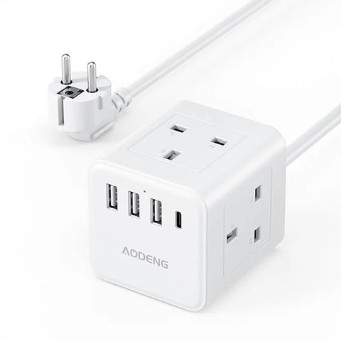 Cube Extension Lead with USB C, 3 Way Power Strip 4 USB, 2M Cable