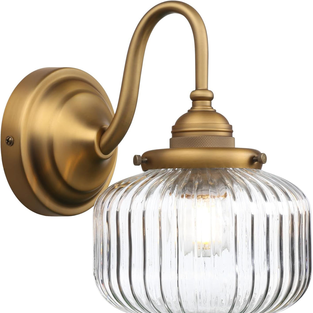 Vintage Gooseneck Wall Light Sconce with Clear Striped Glass Globe Shade Hardwired Bedside Wall Mounted Lamp Fixture