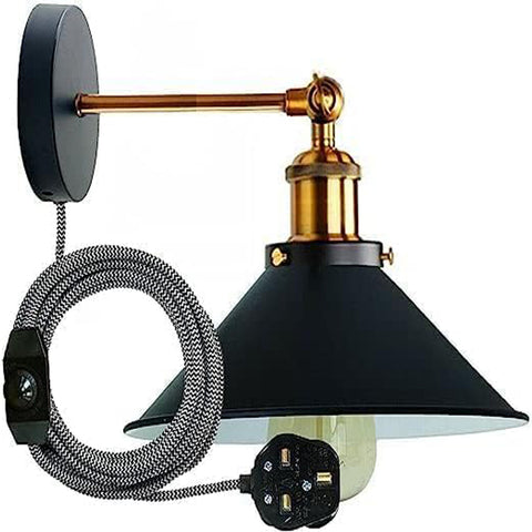 DC VOLTAGE Industrial Plug in Wall Light Fixture, Vintage 2m Fabric Cable 3 Pin Wall Mounted Sconce Adjustable Arm 180º LED E27 Base Antique Retro Metal 22cm Shade for Bedside Kitchen