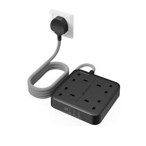Extension Lead with USB C Port, 4 Way Outlets Power Strip with 1 USB-C and 3 USB Slots, Multi Power Plug Extension with 1.8M Braided Extension Cord for Home Office 3250W- Black