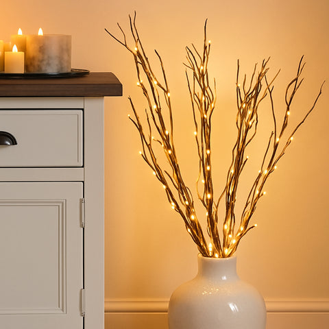 87cm LED Twig Branch Vase Lights – 5 Branches – Warm White Fairy Lights – Battery Operated – Decorative Lighting