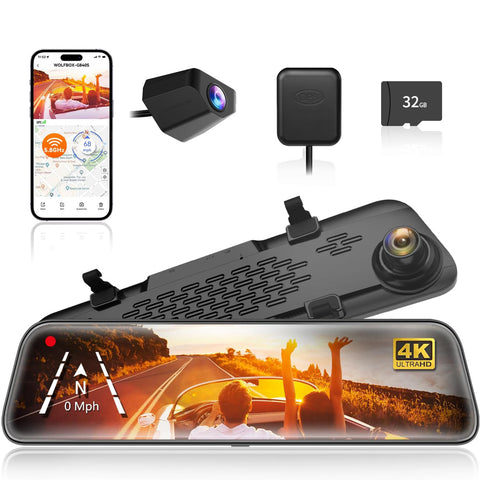WOLFBOX G840S 12" 4K Mirror Dash Cam with Dual Cameras & GPS