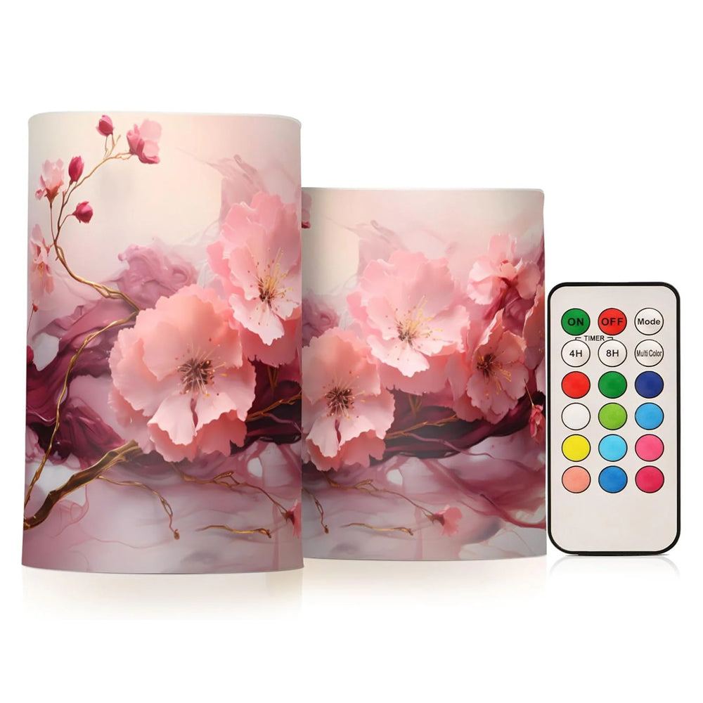 Pink Flower Marble Flameless LED Candles Set of 2, Battery Operated Decorative Candles with Remote & Timer