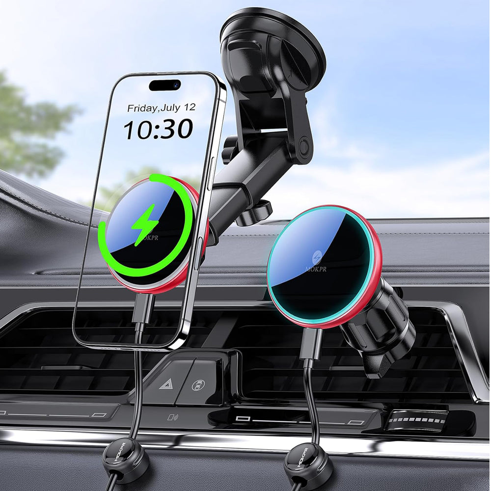 MOKPR 15W MagSafe Car Mount Charger – Red Wireless Phone Holder