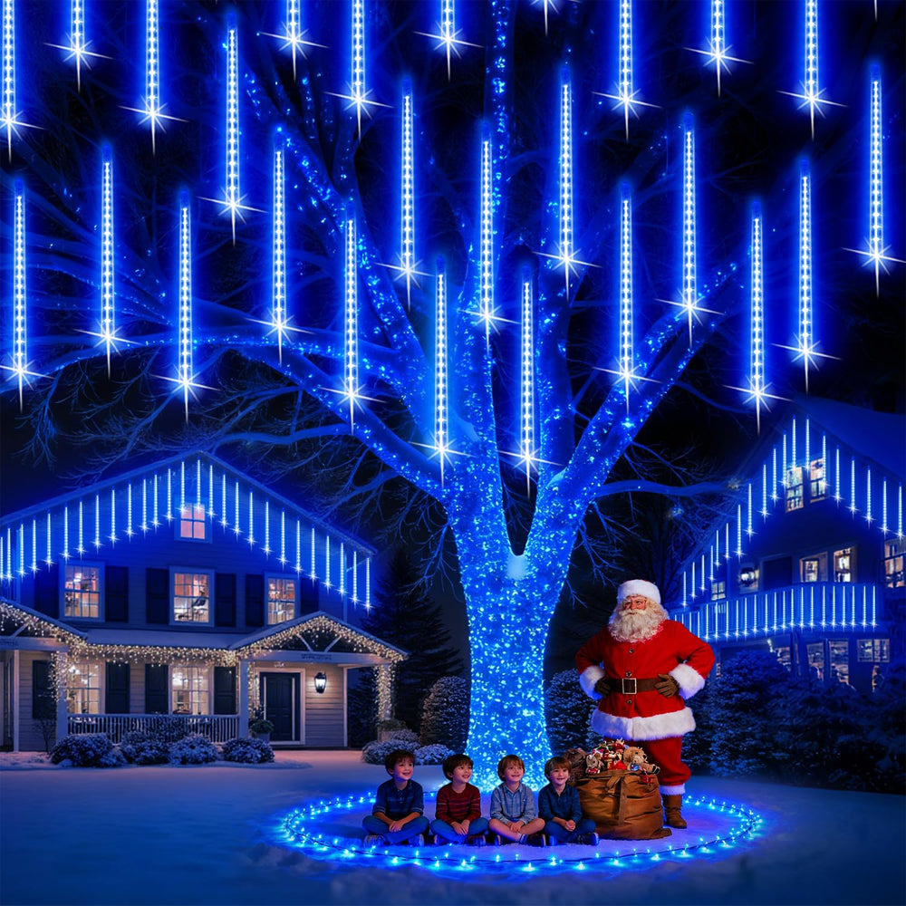Blue Meteor Shower Christmas Lights Outdoor 576 LED 16 Tubes