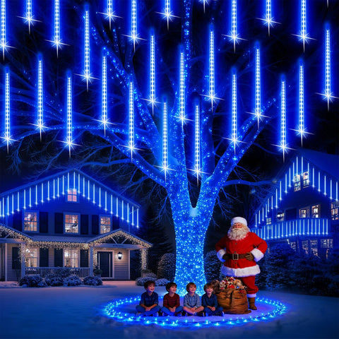Blue Meteor Shower Christmas Lights Outdoor 576 LED 16 Tubes