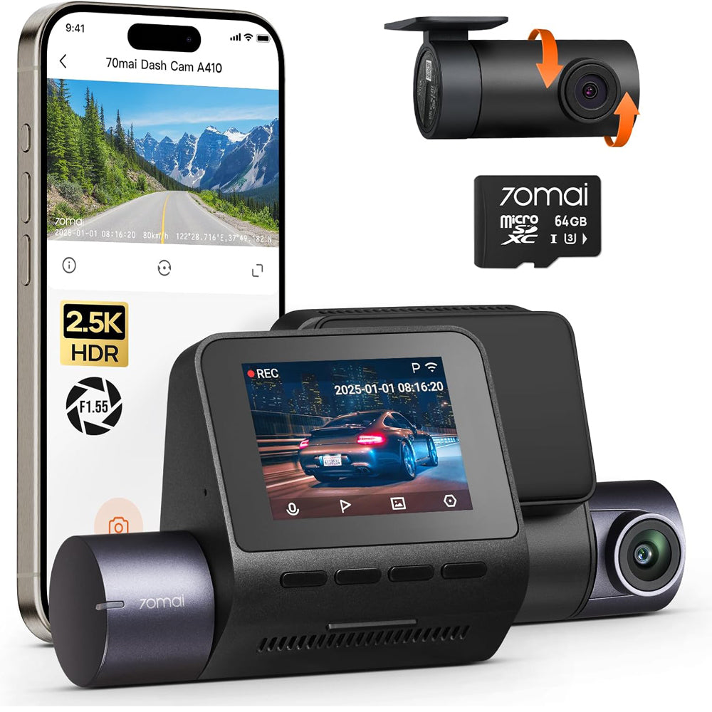 70mai Dash Cam A410 Front & Rear 2.5K+1080P with Night Vision, GPS, 64GB