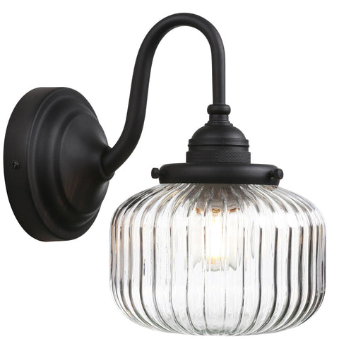 Vintage Gooseneck Wall Light Sconce with Clear Striped Glass Globe Shade Hardwired Bedside Wall Mounted Lamp Fixture