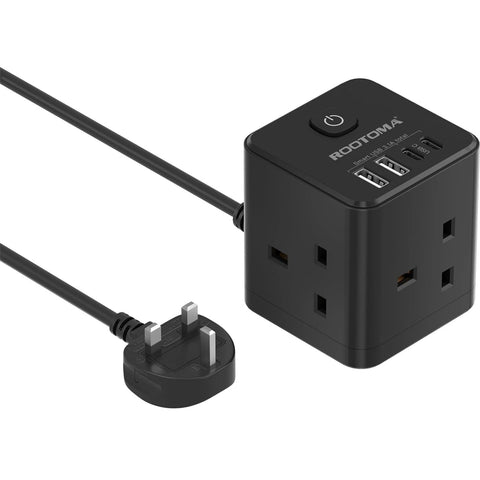 Cube Extension Lead with USB C, 3 Way Plug Tower 4 USB Ports 2M 3250W